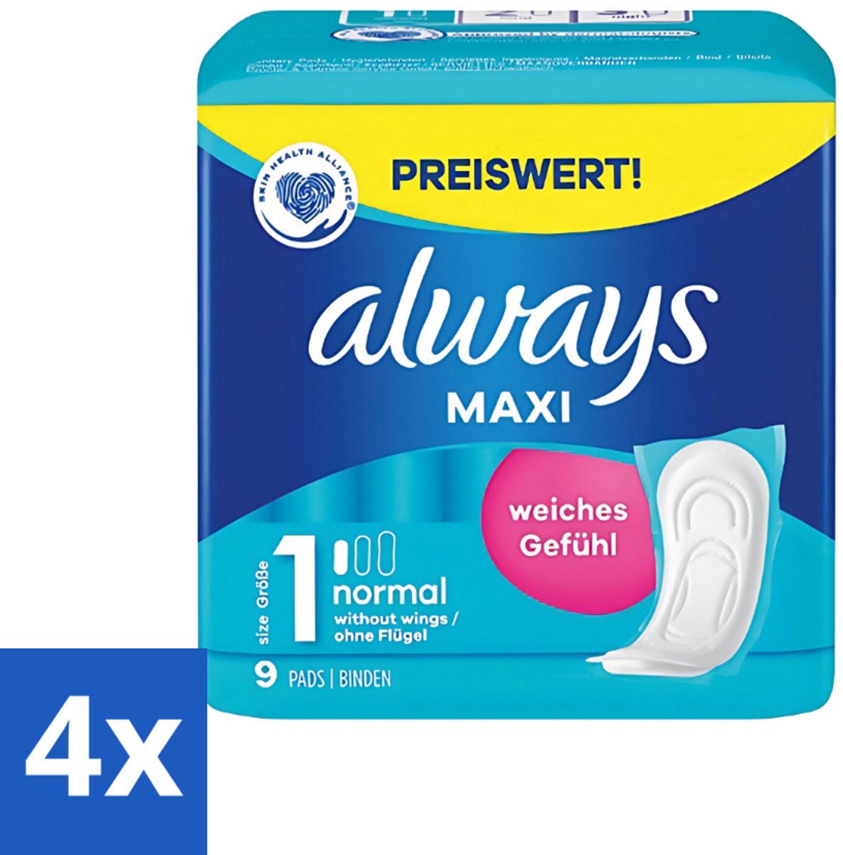 4 x Always Maxi - Maandverband - Maat 1 - Normal - 9 Pads - Maandverband - Menstruatie - Absorptie - Comfort - Betrouwbaar