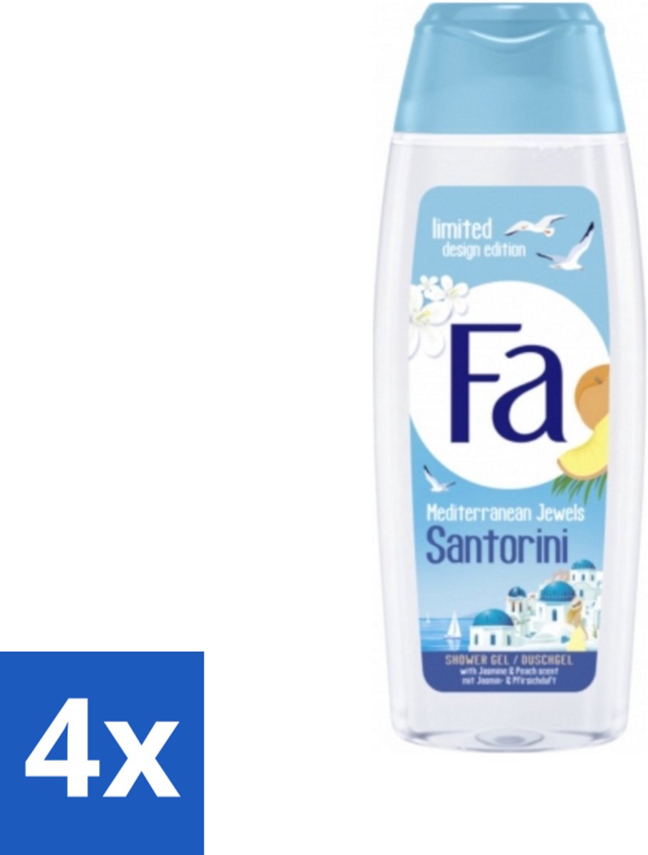 4 x Fa - Douchegel - Mediterranean Jewels Santorini - Verfrissend & Hydraterend - Verzachtend - 250 ml - Douchegel Santorini - Verfrissend Douchegel - Hydraterende Douchegel - Verzachtende Douchegel - Mediterrane Geur