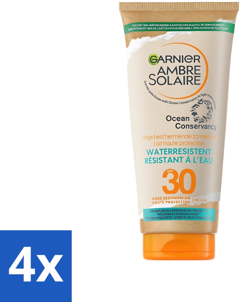 4 x Garnier - Ambre Solaire - Waterresistente Beschermende Zonnebrandmelk - SPF 30 - 175 ml - Zonbescherming - Zonnebrandmelk - SPF 30 - Waterresistent - Olievrije