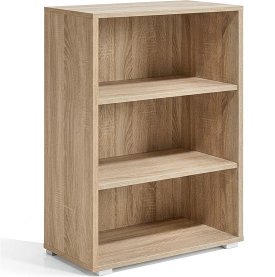 Open boekenkast van eikenhout met 3 planken, staande op witte pootjes.