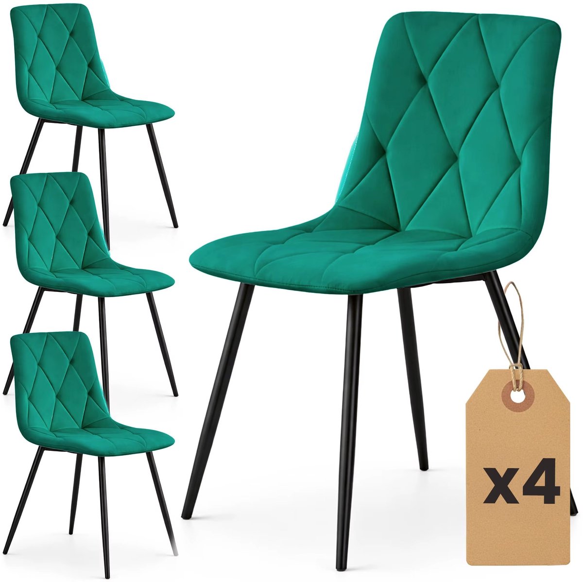 Set van 4 Velours Eetkamerstoelen – Groen Gestoffeerde Stoelen met Gewatteerde Zitting – Moderne Eetkamerstoelen met Zwarte Poten