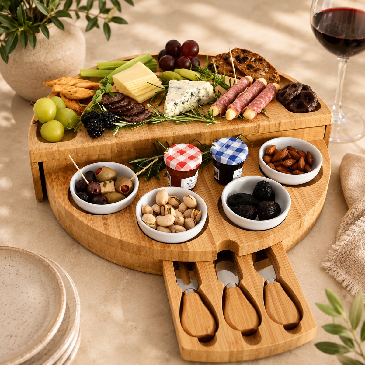 Bamboe Serveerplank Groot – Luxury Deli Plank & Kaasplank met Ophanghaken, Rieten Onderlegger – Geschikt voor Feesten en Dagelijks Gebruik, merkloos