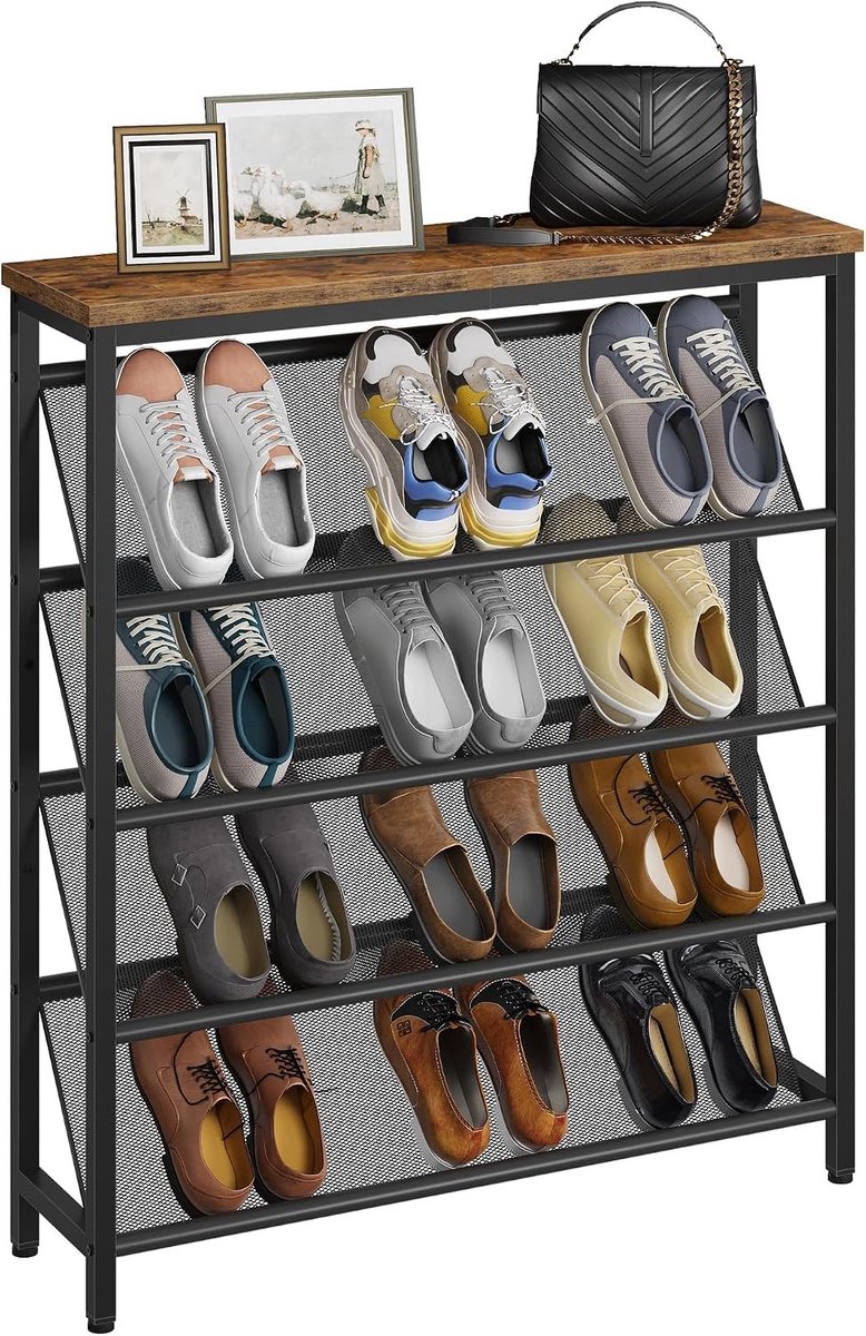 Narrow Shoe Rack met 5 Niveaus, Inklapbare Schoenopberging, Slimme Opbergoplossing voor de Entree met Verstelbare Voeten en Houten Bovenkant, Rustiek Bruin en Stijlvol Design