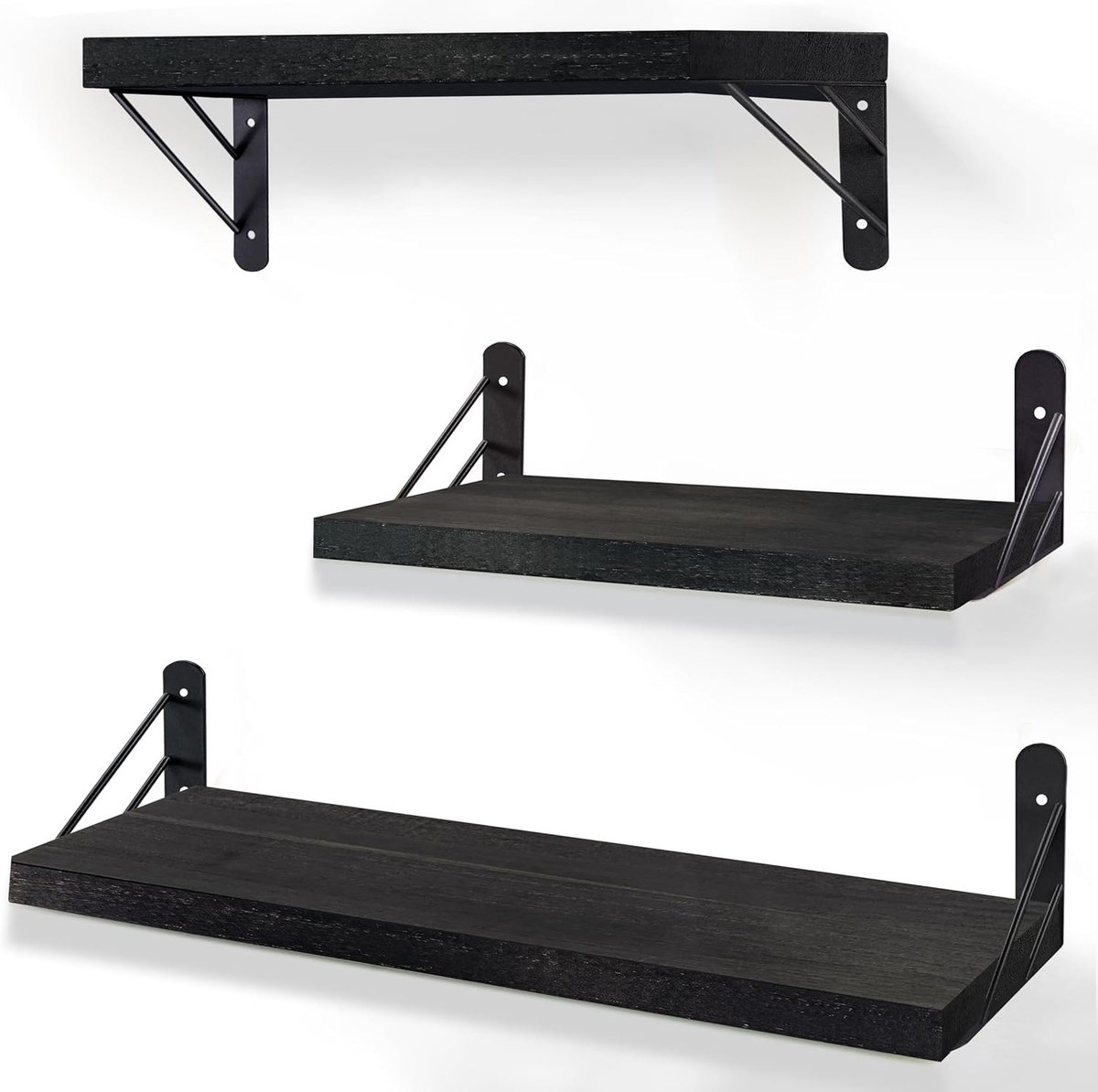 Zwarte zwevende planken van hout voor slaapkamer en badkamer, wandplanken voor decoratie en boeken.