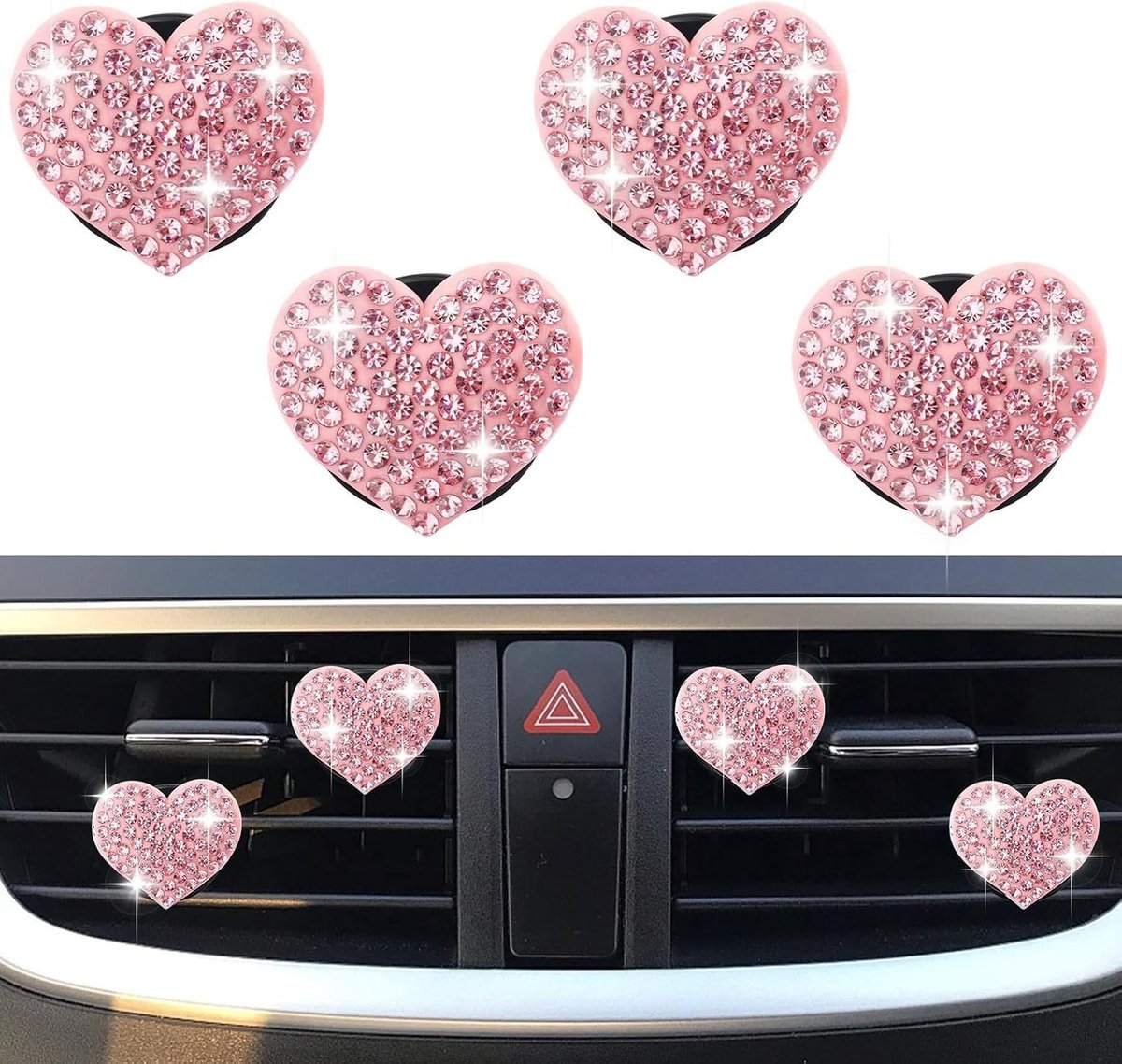 Set van 4 Luchtverfrissers voor Auto in Hartvorm - Roze Diamant Clips voor Interieur, Aromatische Pillen en Glanzende Accessoires voor Ventilatieopeningen