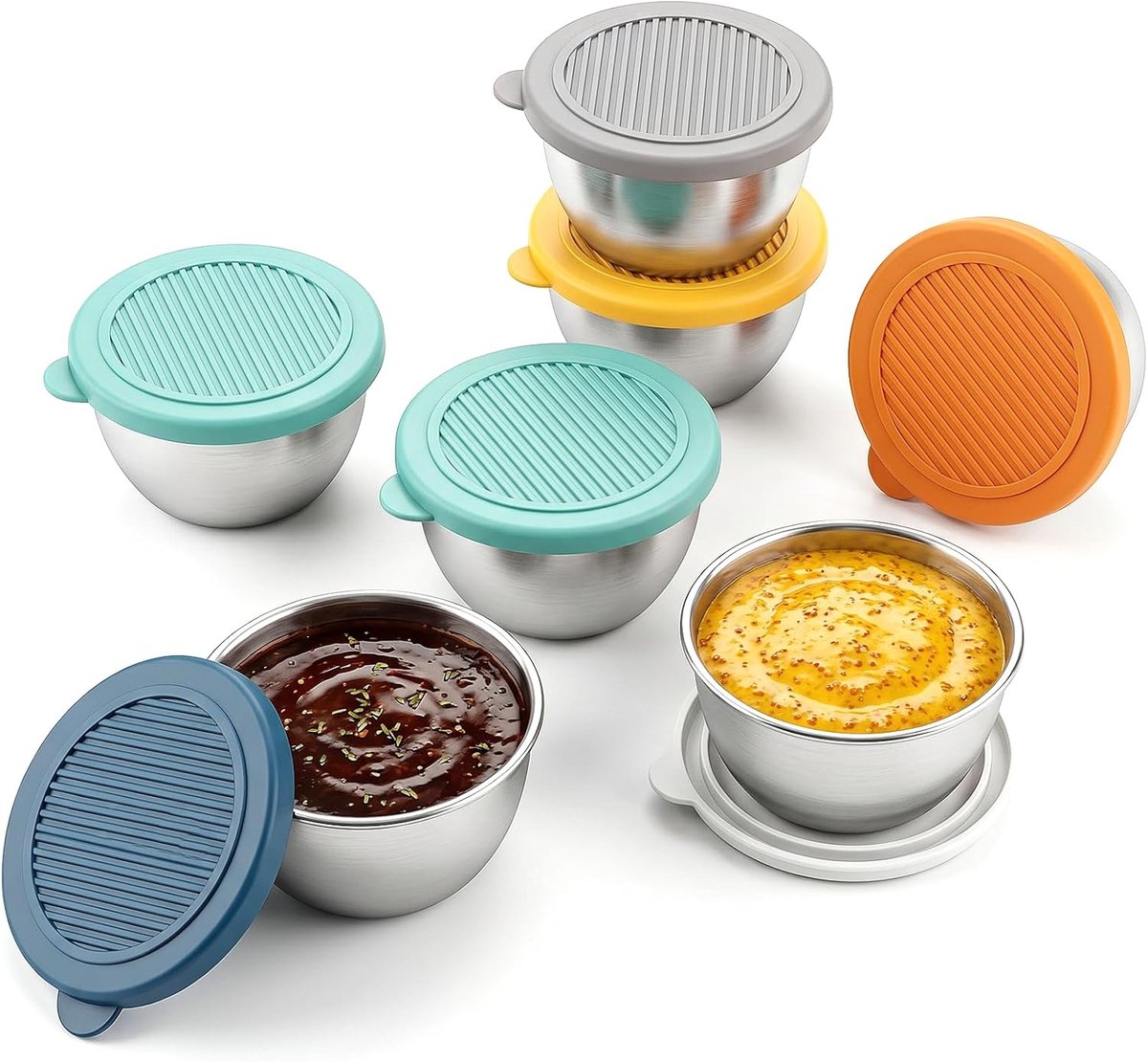 KZQ Mini Vershoudbakjes - 7 Stuks - 50ml - RVS Snackbox - Met Deksel - Lekvrij - BPA-vrij - Voor Snack Dips Salade - Zilver