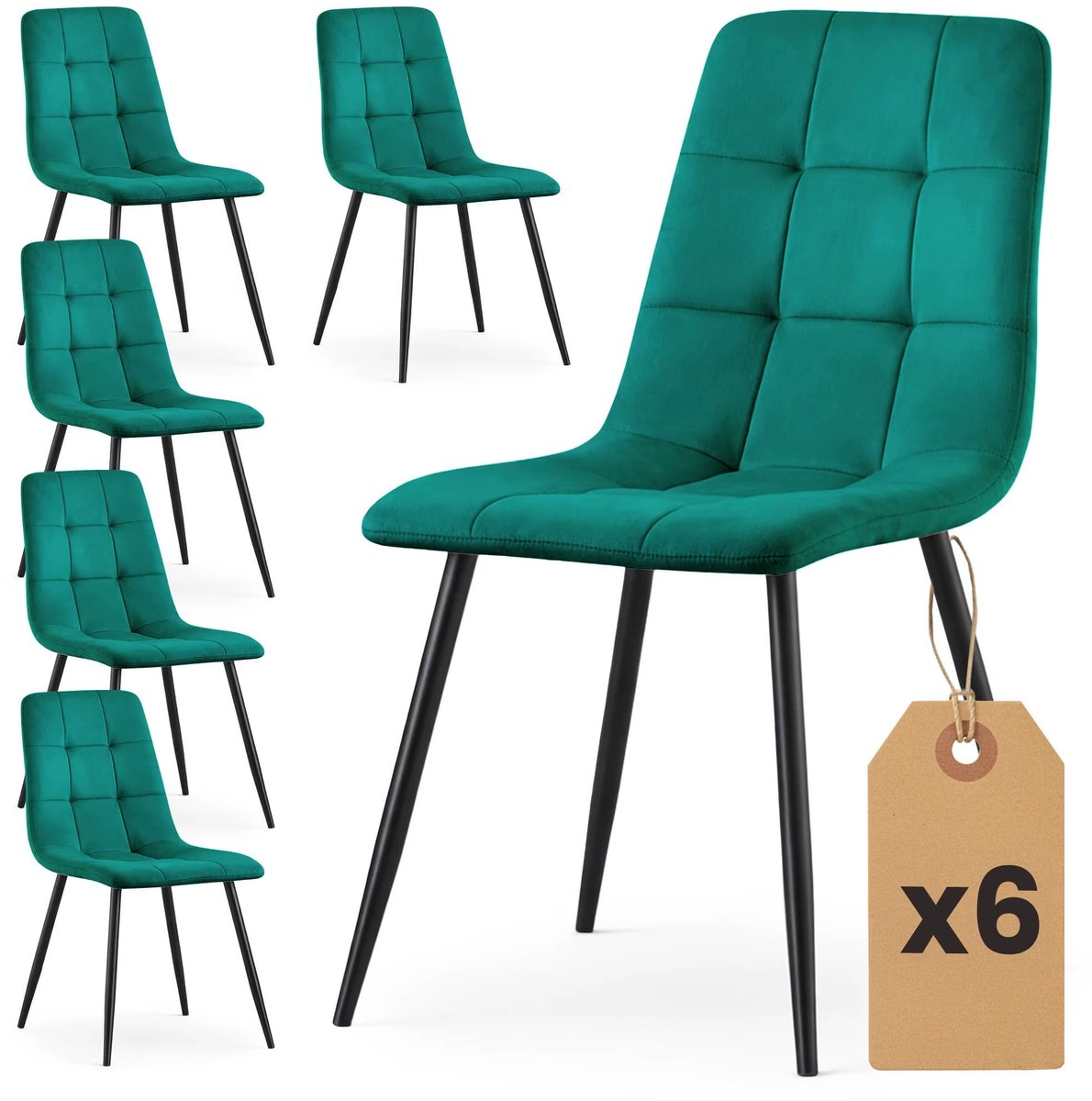 Set van 6 Velours Eetkamerstoelen – Gestoffeerde Stoelen met Gewatteerde Zitting – Moderne Eetkamerstoelen met Zwarte Poten – Comfortabele Stoelenset voor Eetkamer & Woonkamer - Groen