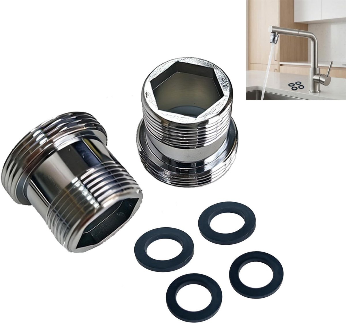 Faucet Adapter M18 naar M22 - Dubbele Draadadapter met Seals voor Keuken, Badkamer en Wasmachine, Perfecte Aansluiting voor Waterbesparing en Efficiënte Waterstroom