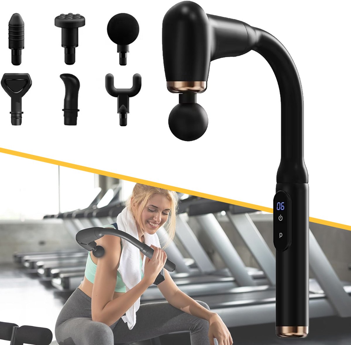 Massagepistool Met Verlengde Handgreep - Rugmassageapparaat Voor Pijnverlichting - Handmatig Percussie-Spiermassagepistool - 6 Massagekoppen