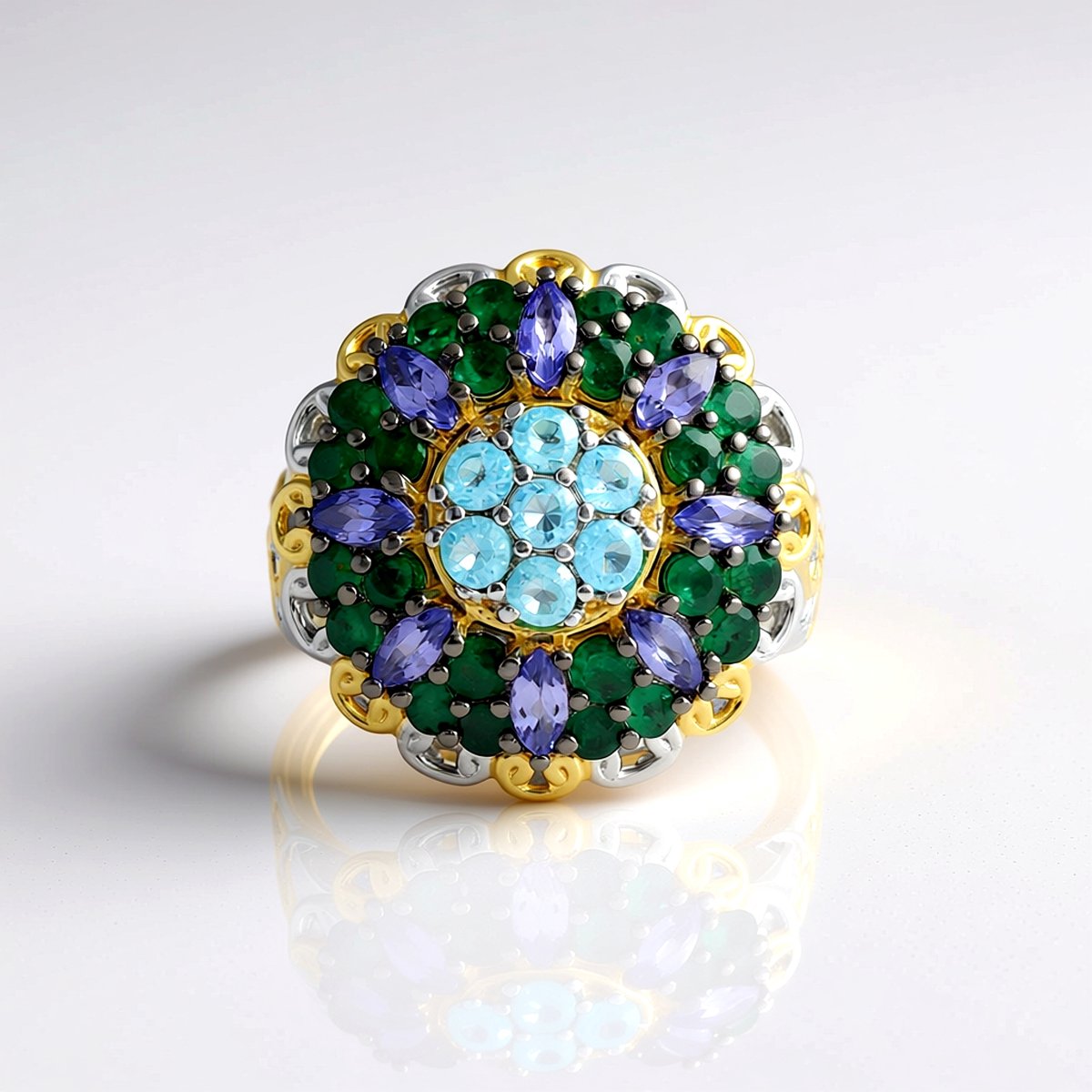 Cavill - Zilveren Damesring met 2,07 ct Tanzaniet Marquise & Paraiba Apatiet - 925 Sterling Zilver Palladium - Elegante Bloemmotief Ring
