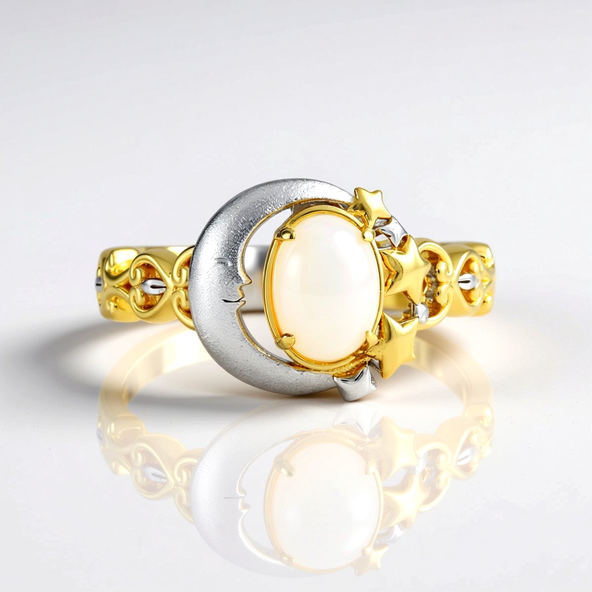 Cavill - 925 Sterling Zilver Vergulde Ring - 0,45 ct Welo Opal Ovaal Cabochon - Filigrane Maan & Sterren Motief - Exclusieve Damesring