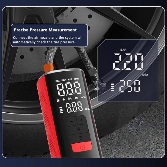 Draagbare 12V Oplaadbare Bandenpomp- 6000mAh- Digitale Luchtcompressor met Automatische Uitschakeling- LED-SOS-lampje en Powerbank voor Auto's, Motoren, Fietsen en Ballen- Blauw — afbeelding 2