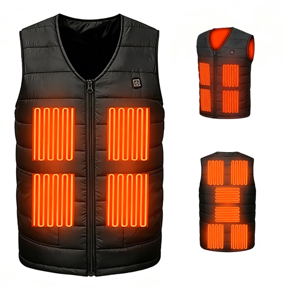 Verwarmd vest - Verwarmd katoenen vest met V-hals - Outdoor vest - Temperatuurregulerend vest - Elektrisch verwarmd vest - Warm vest - Instelbare temperatuur - Unisex - Veilig en slim - Golvend design - Maat 3XL - USB-voeding - Zwart