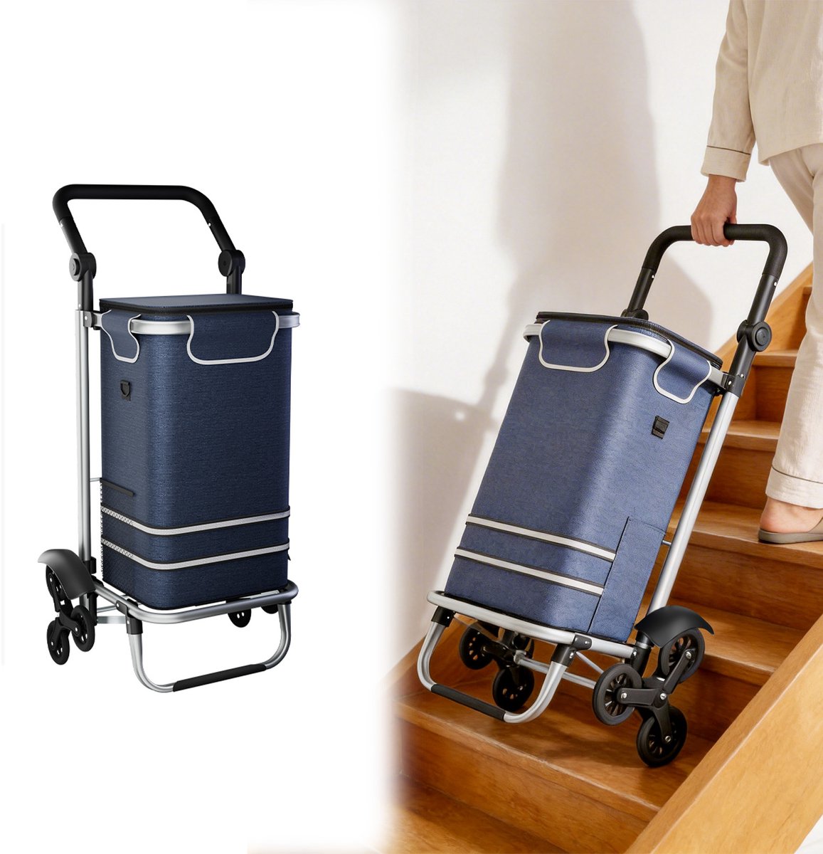 AUFUN Opvouwbare Boodschappentrolley Van Aluminiumlegering - Blauw - Draagvermogen Van 30 Kg - Inhoud Van 56 Liter - Met Drie Wielen Voor Het Beklimmen Van Trappen.