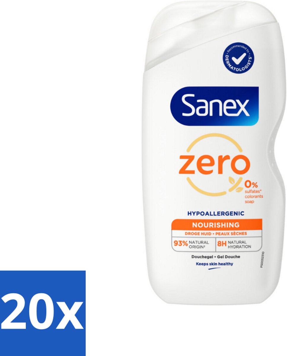 Sanex Zero% - Douchegel - Verzorgend - Natuurlijke Ingrediënten - Droge Huid - 400 ml - Bulkverpakking - 20 stuks
