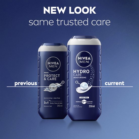 Nieuwe Nivea Men Hydro Care fles naast de oude Nivea Men Protect & Care fles.