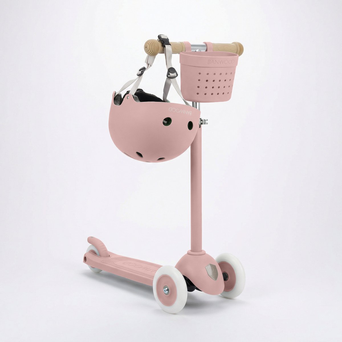 Banwood Eco Scooter + Basket + Eco Fietshelm - Dusty Rose - kinderstep - kinder helm - voordeelset