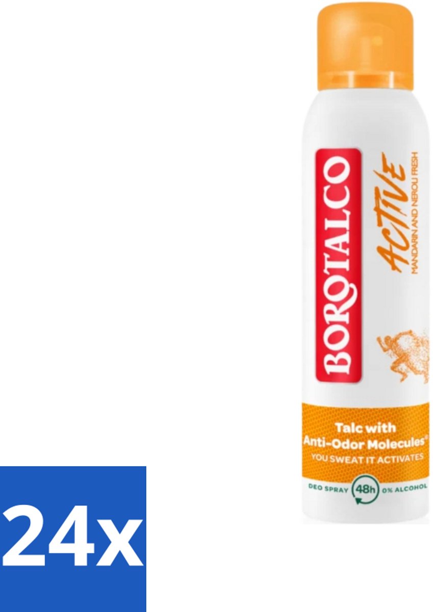 Borotalco - Deodorant Spray - Active - Mandarin & Neroli Fresh - 0% Alcohol - 150 ml - Voordeelverpakking - 24 stuks