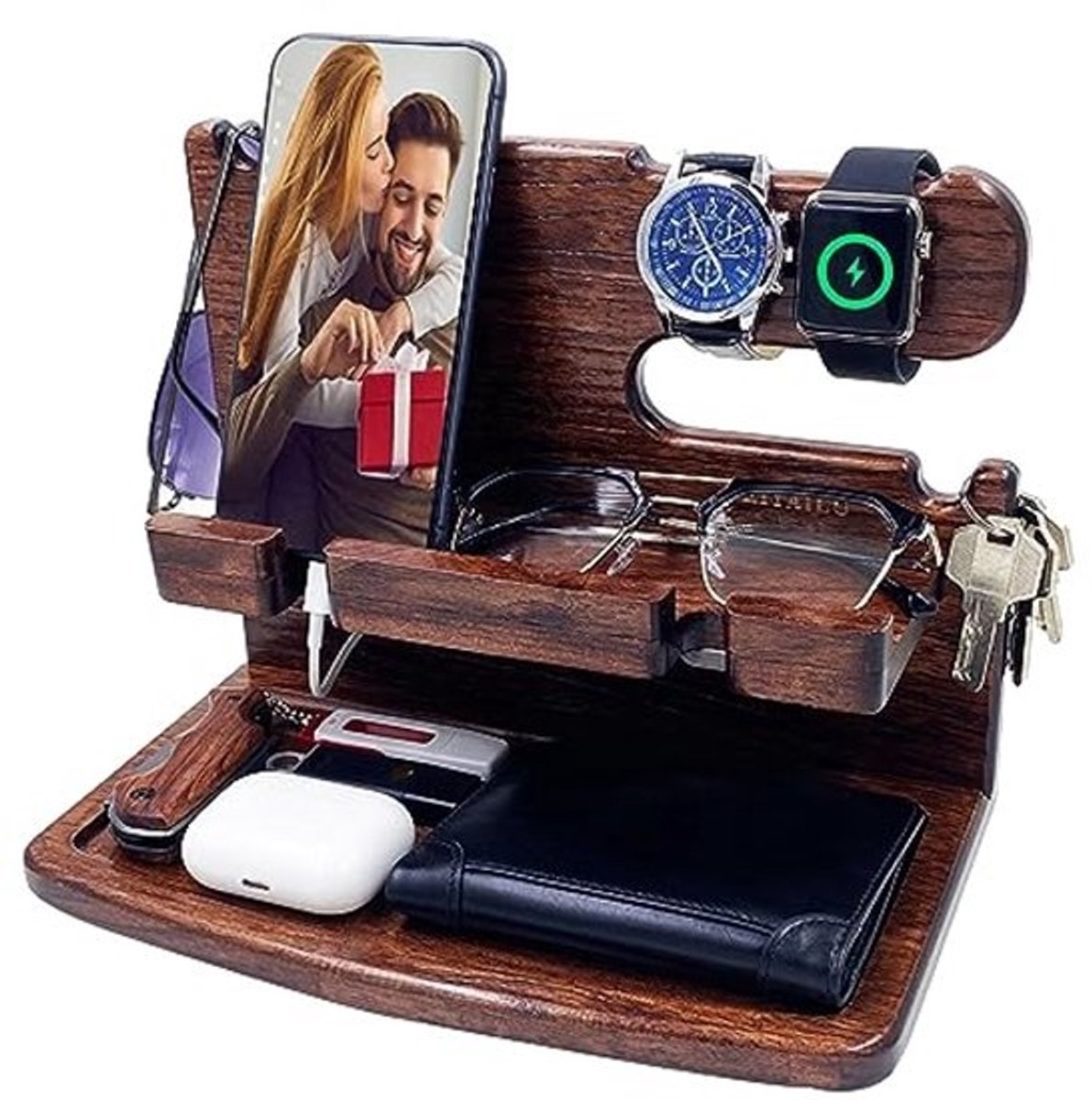 Houten Oplaadstation voor Telefoons - Cadeau-ideeën voor Mannen, Vaderdag, Kerstmis en Valentijnsdag
