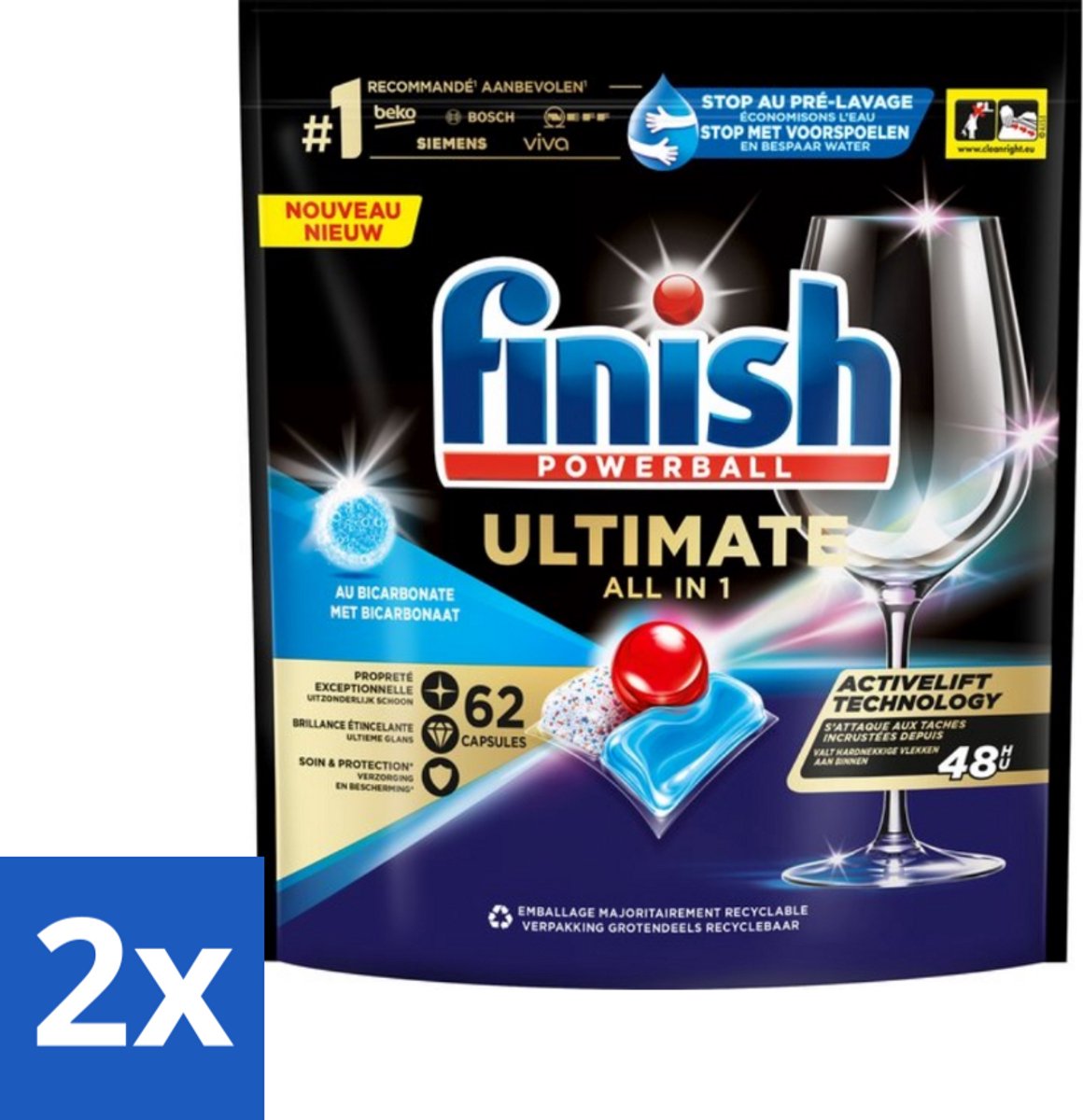 2 x Finish Powerball - Ultimate All in One - Vaatwastabletten - Met Bicarbonaat - 62 Capsules - Vaatwascapsules - Vaatwasser - Vaatwasmiddel - Glans - Reiniging