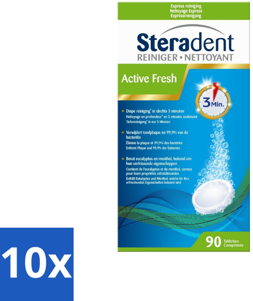 Steradent - Kunstgebitreiniger - Active Fresh - Menthol En Eucalyptus - 90 Tabletten - Bulkverpakking - 10 stuks