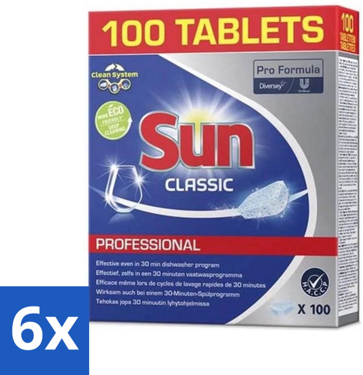 6 x Sun Classic - Pro Formula - Vaatwastabletten - 100 Tabletten - Vaatwastabletten - Vaatwasser Tabletten - Vaatreiniger - Hardnekkige Vlekken - Glans