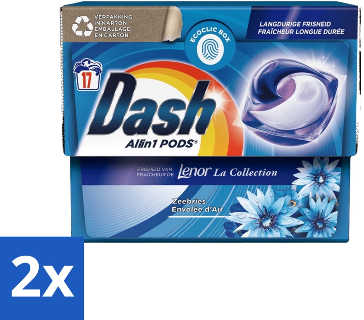 2 x Dash - Lenor Collectie - Wasmiddel Capsules - All-in-1 Pods - Witte en Gekleurde Was - Zeebries - 17 Wasbeurten - Wasmiddel Capsules - Waspoeder - Lenor - Zeebries - Wasverzachter