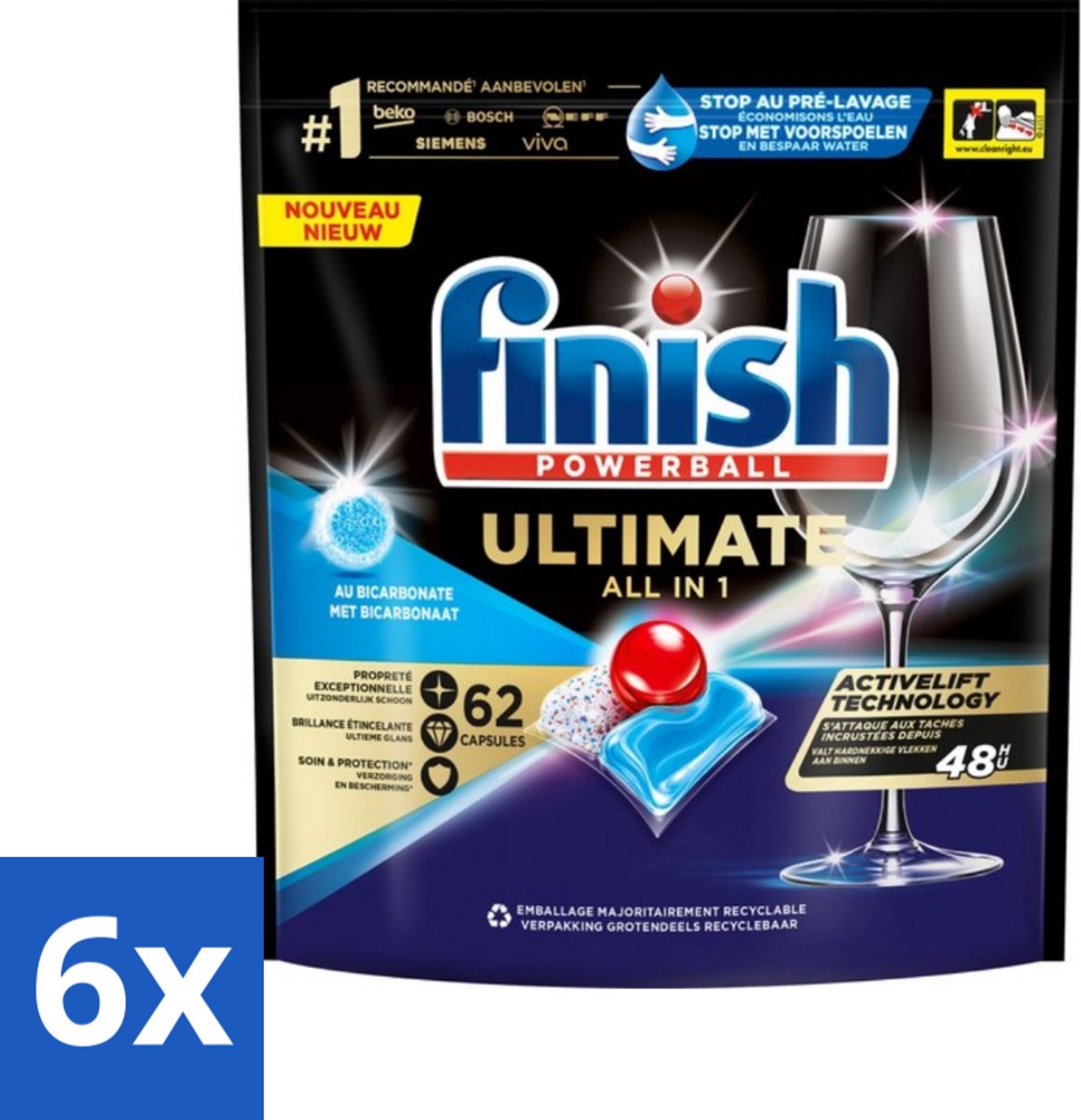 6 x Finish Powerball - Ultimate All in One - Vaatwastabletten - Met Bicarbonaat - 62 Capsules - Vaatwascapsules - Vaatwasser - Vaatwasmiddel - Glans - Reiniging