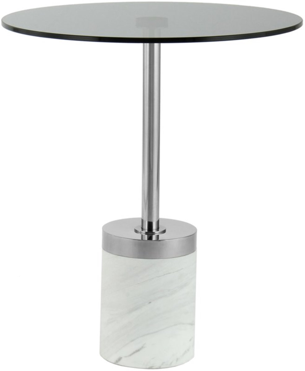 Padiro ronde bijzettafel Ø 46 x 53 cm - grijs - Modern Art-Déco Glamour Look - met marmeren voet - glazen tafelblad - roestvrij stalen frame