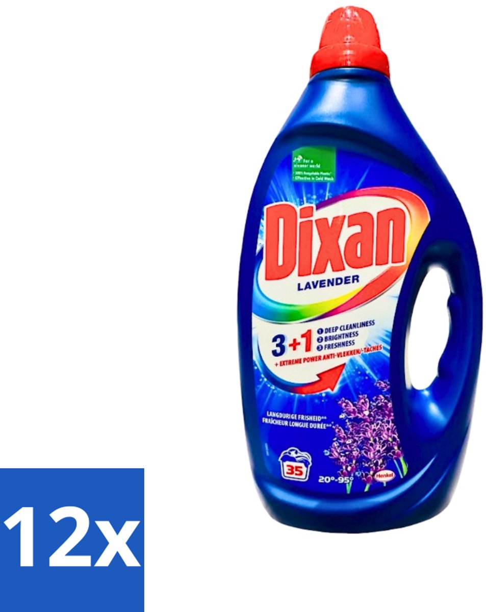 Dixan - Vloeibaar Wasmiddel en Vlekverwijderaar - Witte en Gekleurde Was - Lavendel - 35 Wasbeurten - Voordeelverpakking - 12 stuks