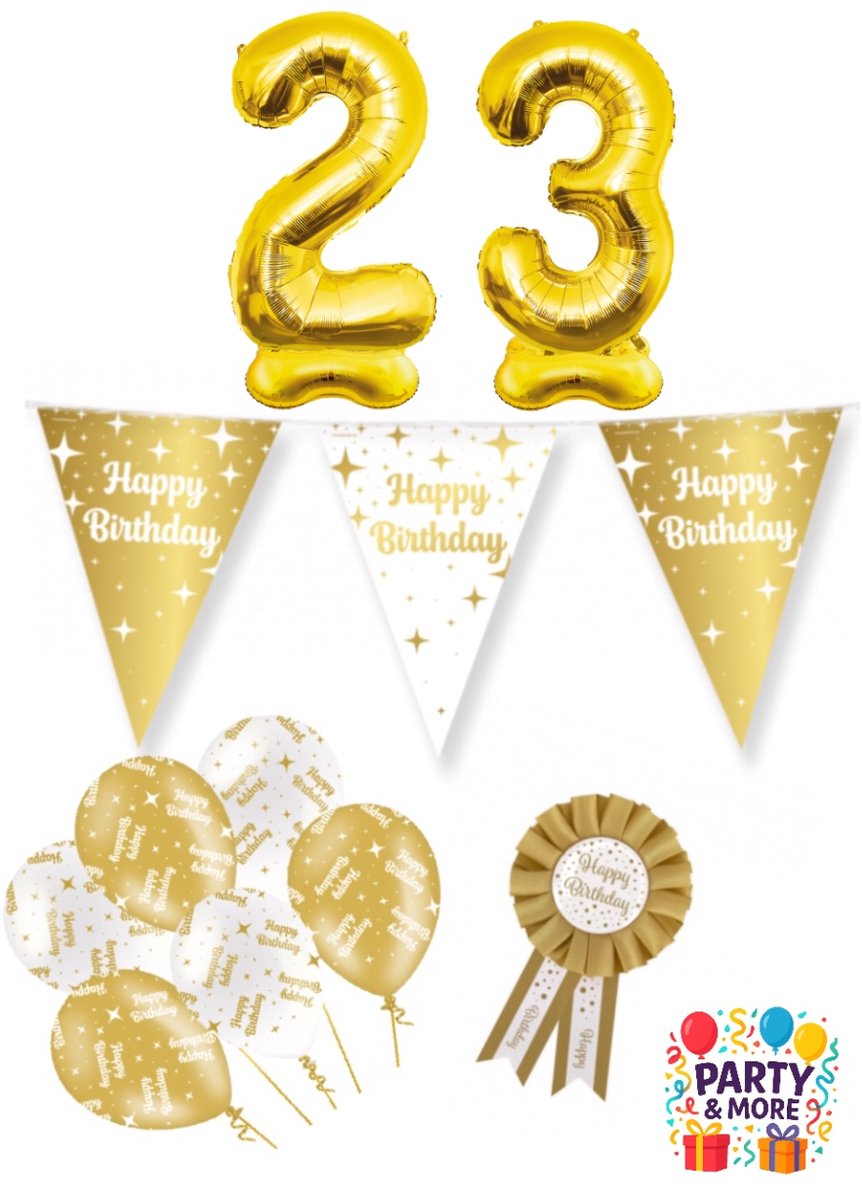 Party & More - 23 jaar - verjaardag versiering - ballonnen - slinger - cijferballon - Luxe Gouden Feestdecoratie Set – Compleet Pakket – versiering - verjaardag