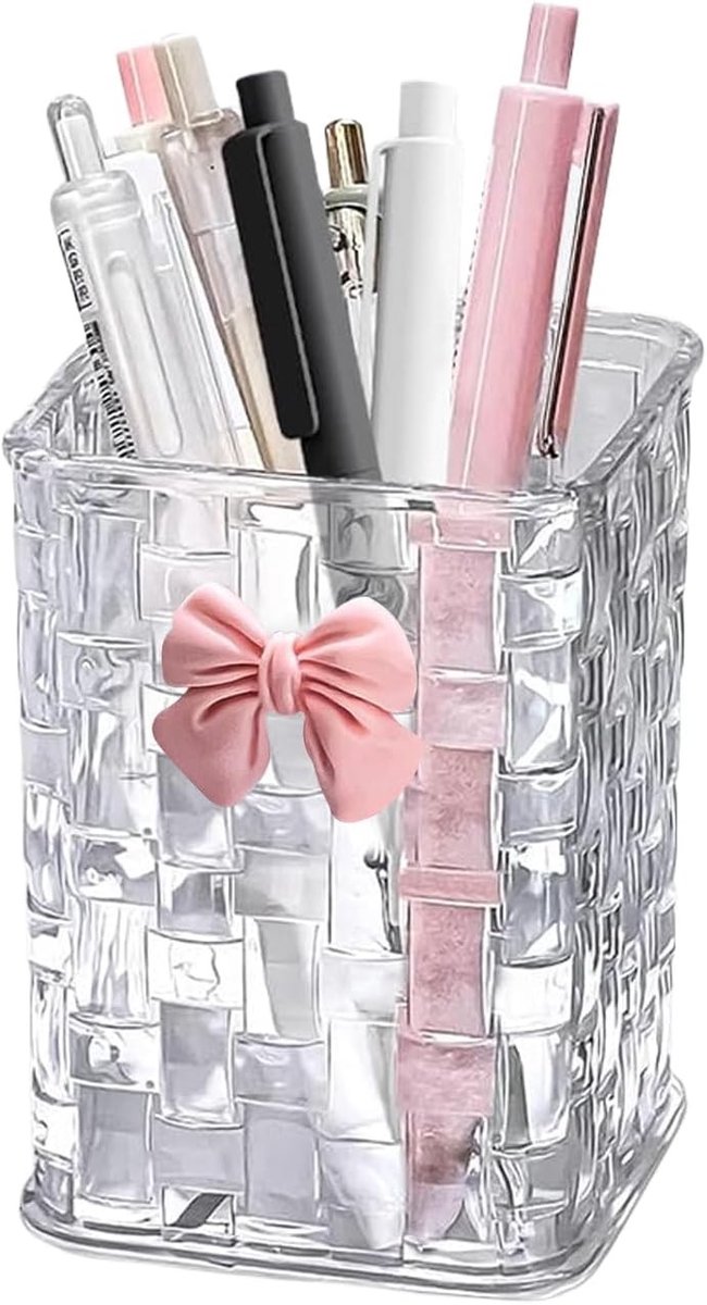 Transparante Pennenorganizer voor Bureau, Make-up Borstelhouder met Strikdecoratie, Schoolaccessoires en Cadeau-idee voor Leraren
