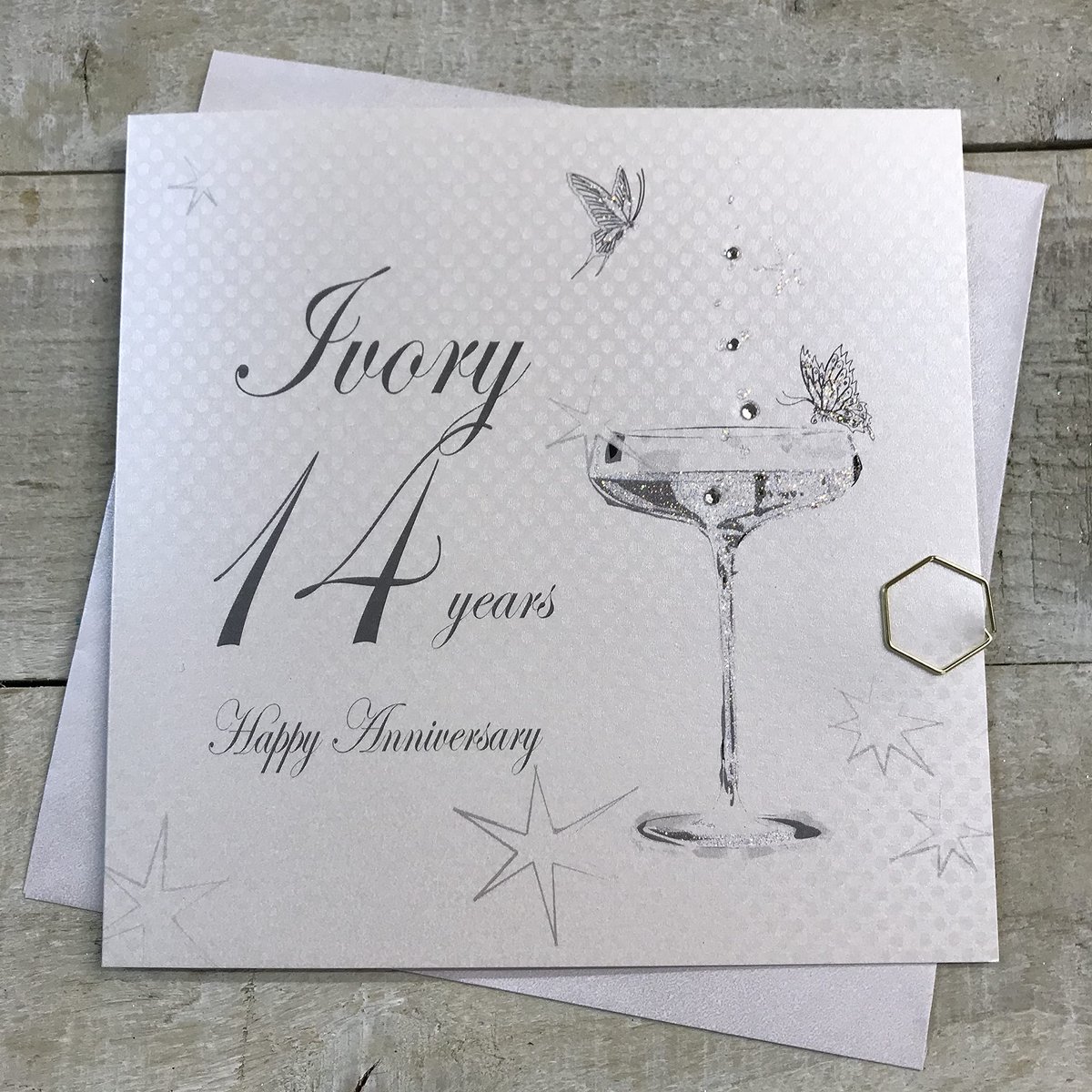 White Cotton Cards BD114C Coupe Glass"Happy Anniversary 'Ivoor' 14 Years" handgemaakte verjaardagskaart, wit - ShopVlot
