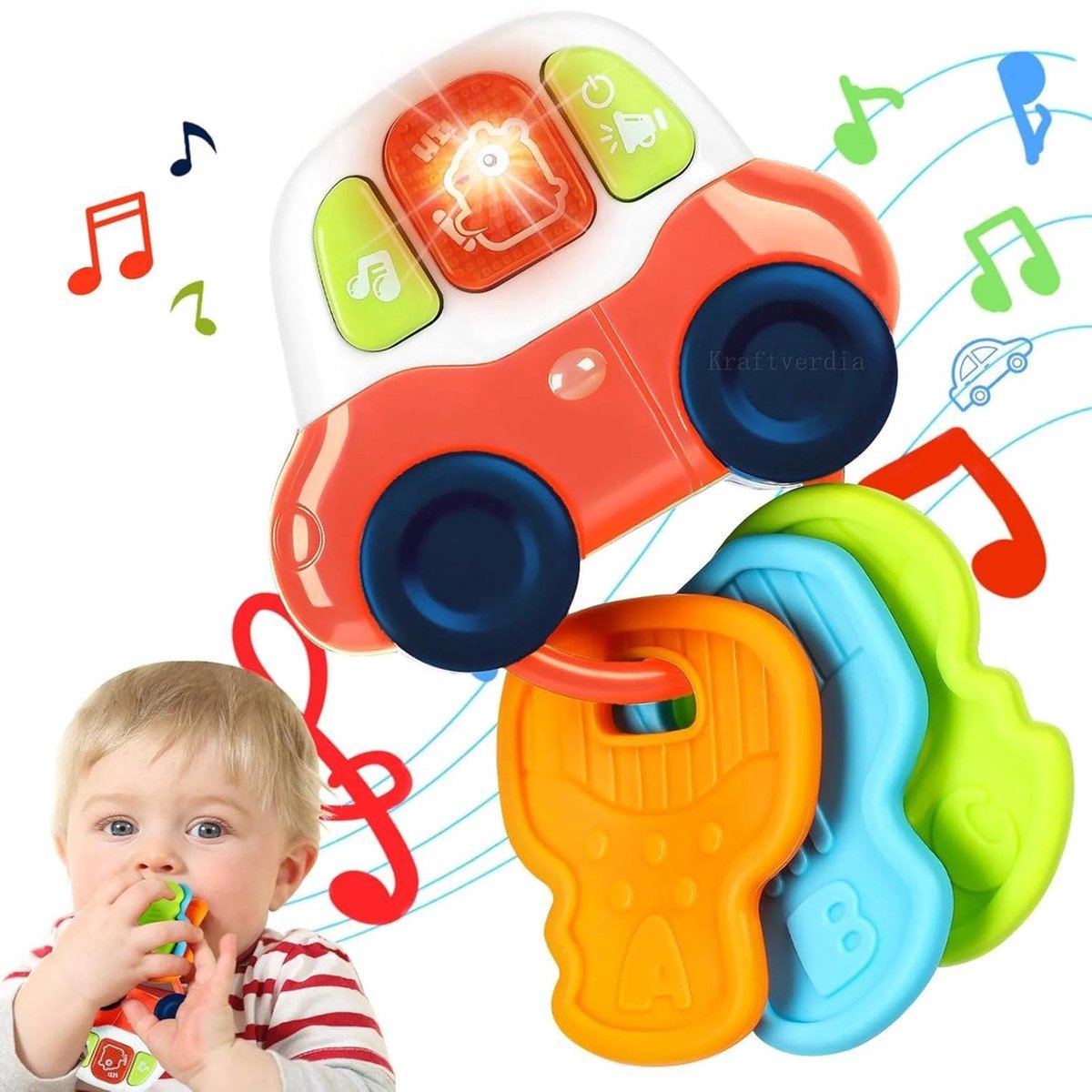 casalora - 2-in-1 Baby Bijtring Sleutel en Muziekauto Siliconen Speelgoed - Montessori muziekspeelgoed met licht - Baby speelgoed - Voor onderweg - Voor 0-36 Maanden - Rood