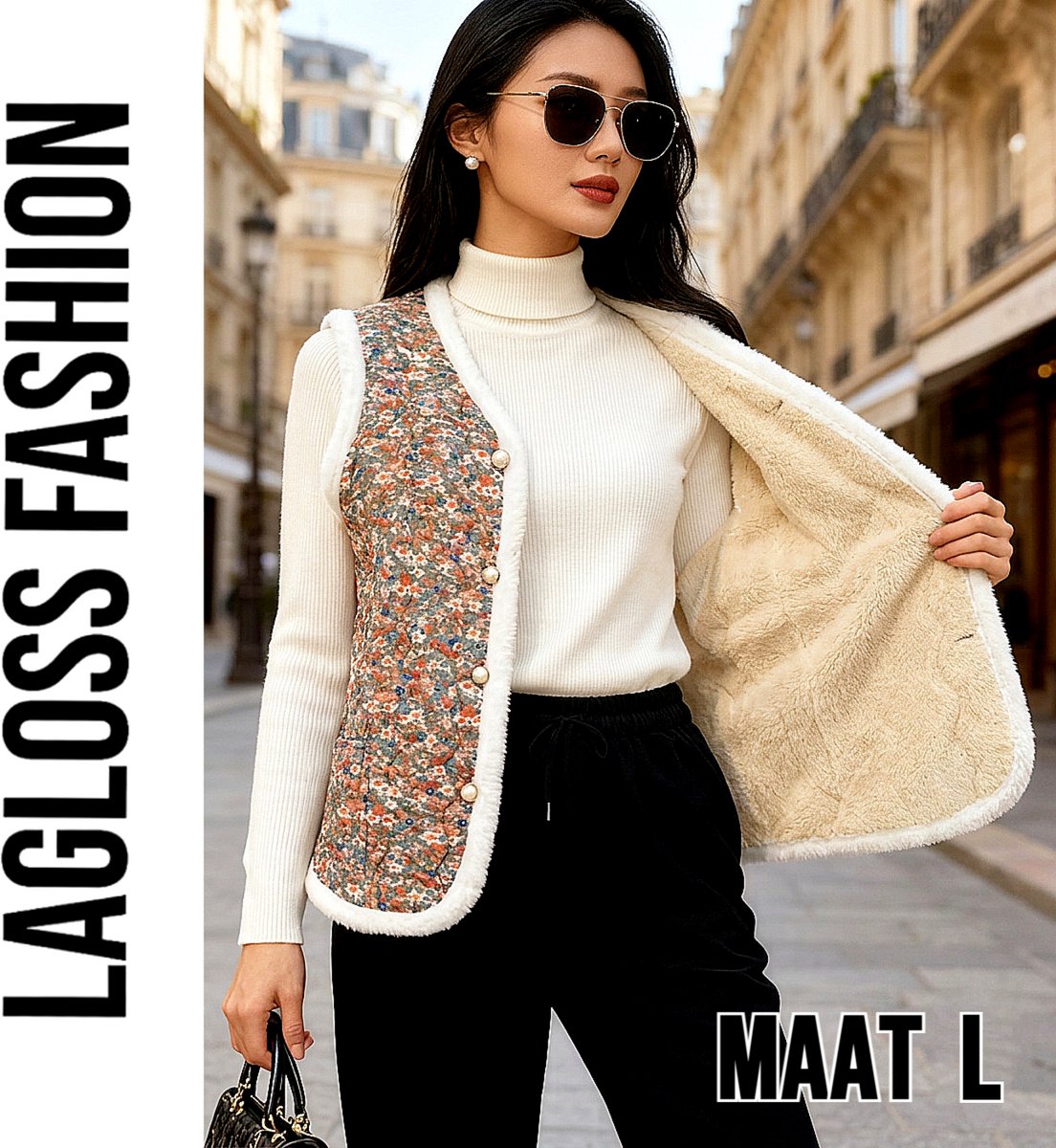 LaGloss® Dames Fleece Gevoerd Vest met Vintage Bloemen – Warm Mouwloos Wintervest – Zacht Dames Gilet - Maat L