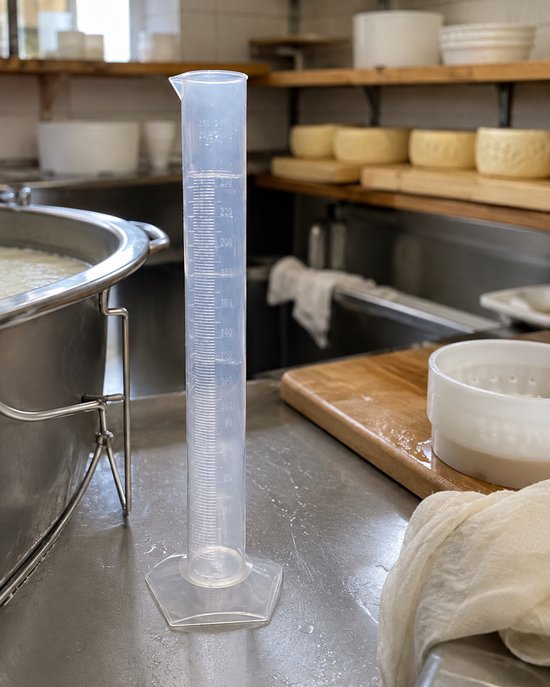 Transparante maatcilinder van 250 ml met schaalverdeling, staand op een roestvrijstalen werkblad in een kaasproductieomgeving.