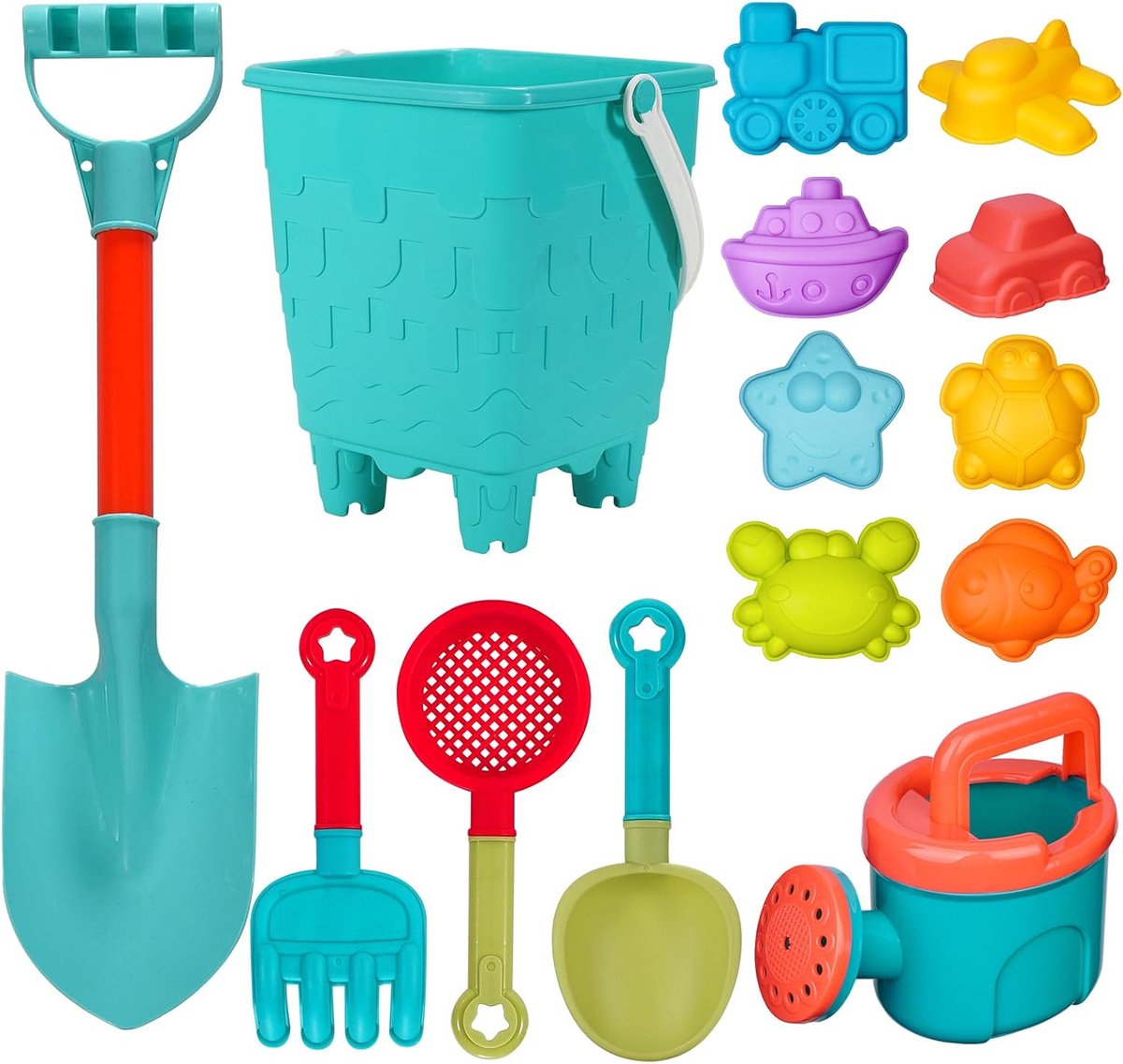 casalora - 14-delige Strandspeelgoedset voor kinderen - Zandbakgereedschapset - Inclusief emmer, hark, schep van 37 cm, enz - Geschikt om in de tuin en op het strand te spelen