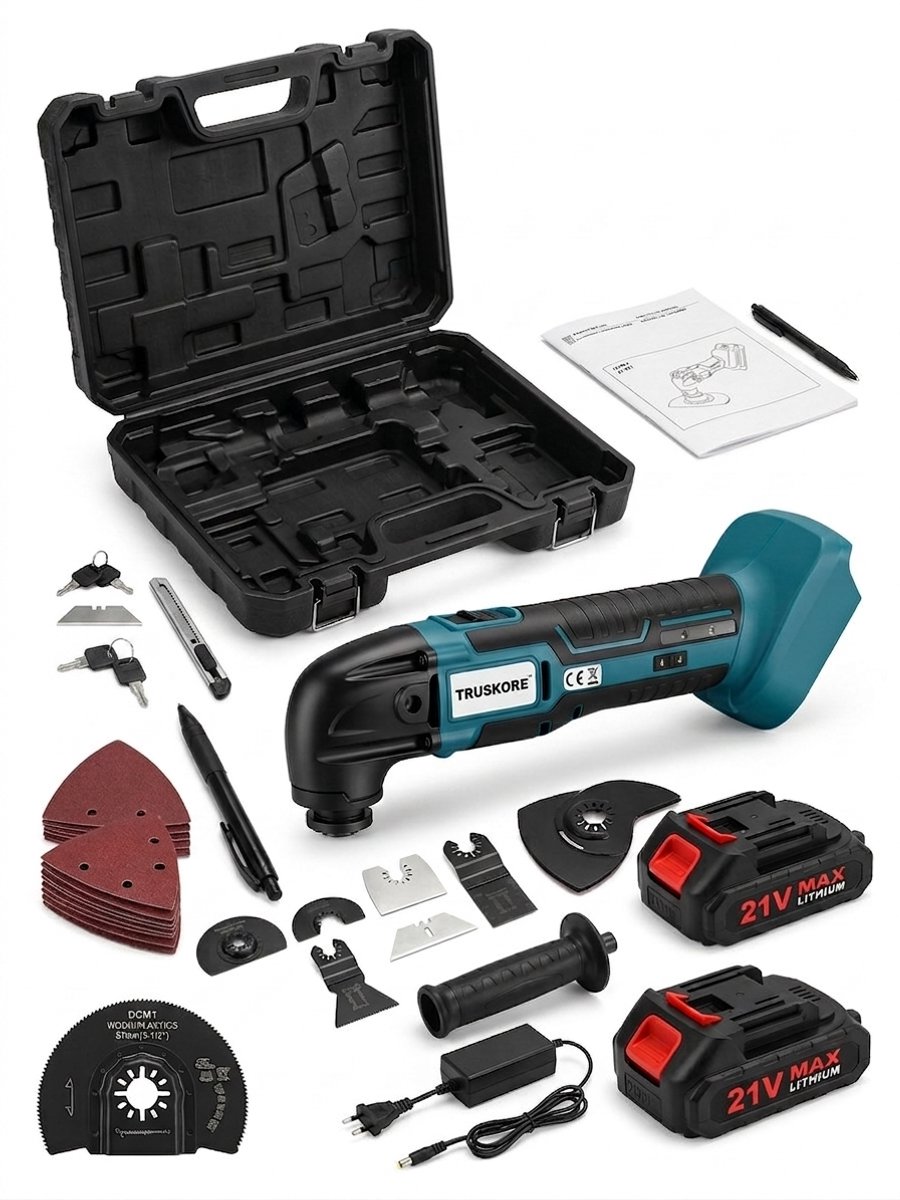 Truskore Multitool Accu 21V – Multitool Set Incl. 2 Accu’s – Oscillerende Multitool – Compatibel met Makita LXT – 7 Opzetstukken - 15 Schuurvellen