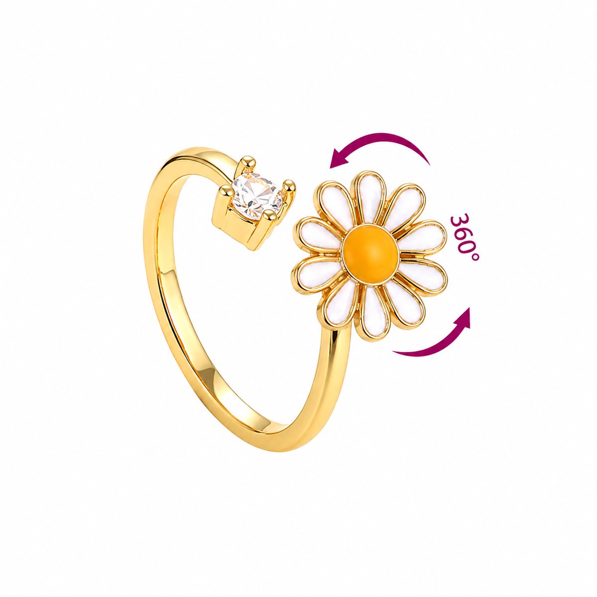 Matthew Studio® Fidget Ring met Draaiende Bloem - RVS - Dames - Goud Plating - Verstelbaar - Goudkleurig