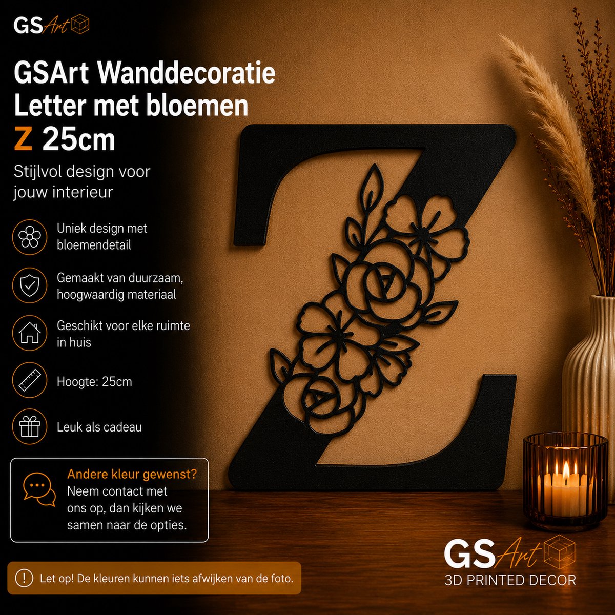 GSArt Wanddecoratie Letter met Bloemen – 25 cm - Z