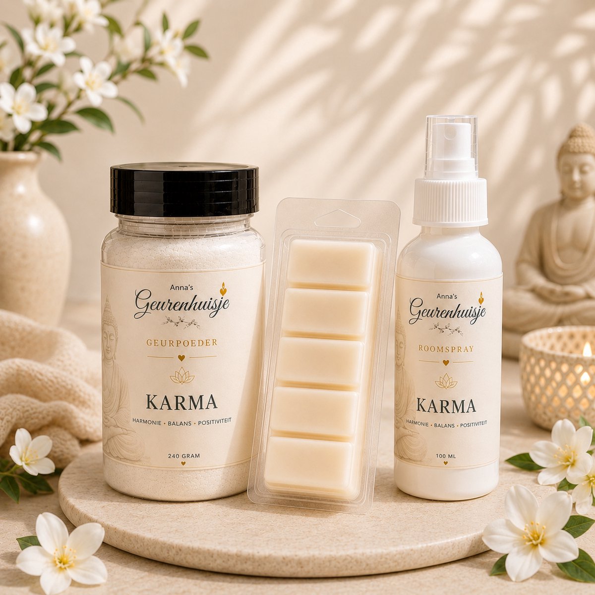 Anna's Geurenhuisje - Geurpakket Karma - Good Habits - Waxmelts - Geurpoeder - Roomspray - Wellnessgeur - Spa geur - Handmade - 3 delig - Dierproefvrij - Huisparfum