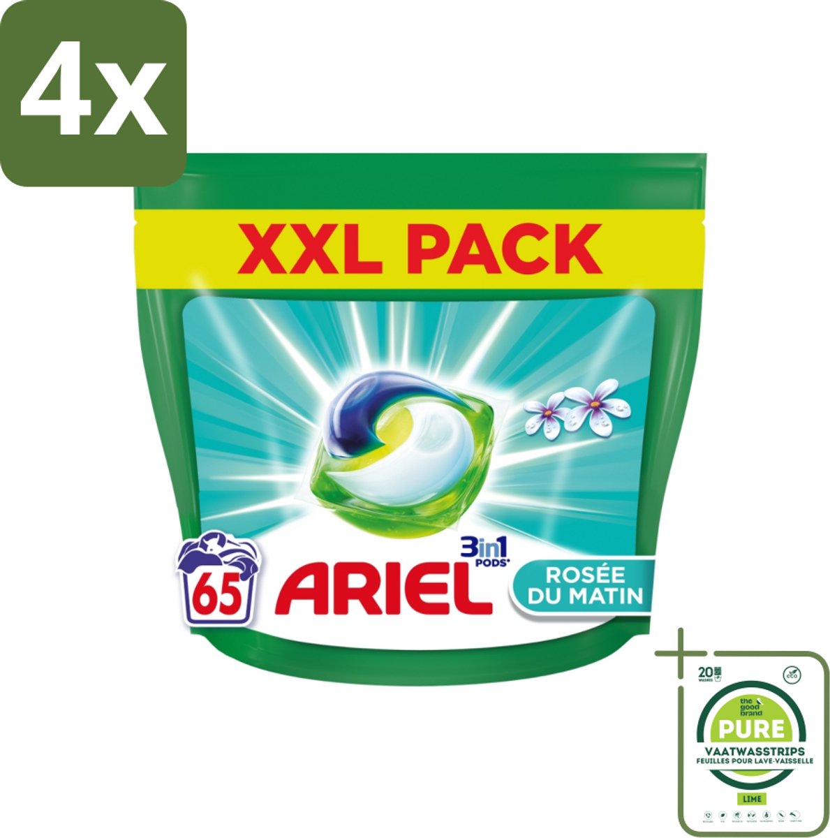 Ariel – Pods 3in1 – Rosée du Matin – 1332 g – 65 wasbeurten - Voordeelverpakking - 4 stuks - Ariel 3in1 Pods Rosée du Matin - 3in1 waspods