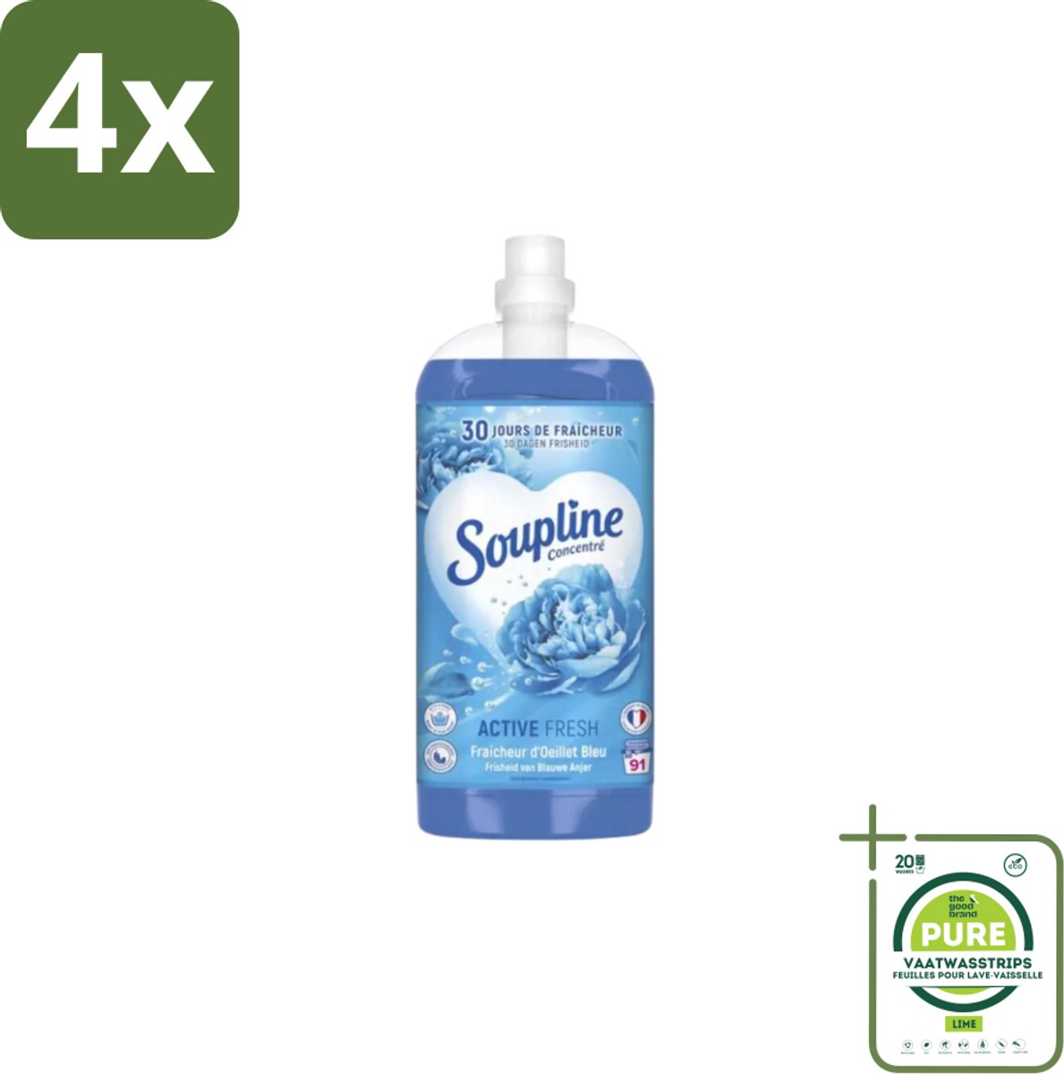 Soupline – Wasverzachter – Active Fresh Frisheid van Blauwe Anjer – 2 L - Voordeelverpakking - 4 stuks - Wasverzachter - Frisheid