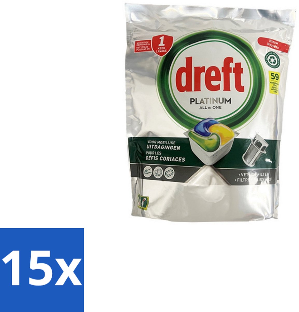 Dreft – Vaatwastabletten – All-in-One Platinum – Lemon – 59 Tabletten - Bulkverpakking - 15 stuks