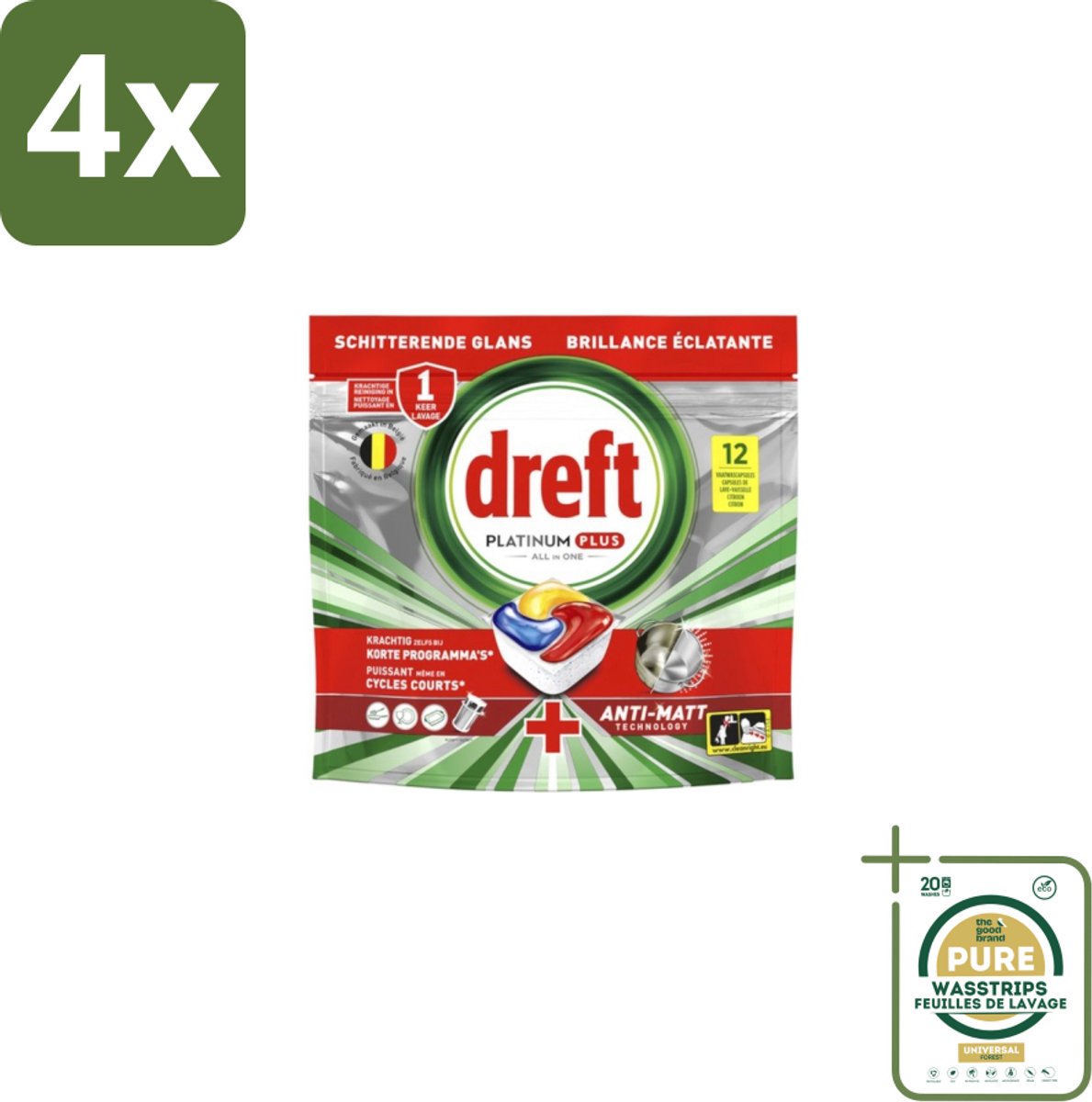 Dreft – Vaatwastabletten – Platinum Plus All-in-One – Lemon – 12 Tabletten - Voordeelverpakking - 4 stuks - Anti-dofheid - Vaatwasmiddelen lemon