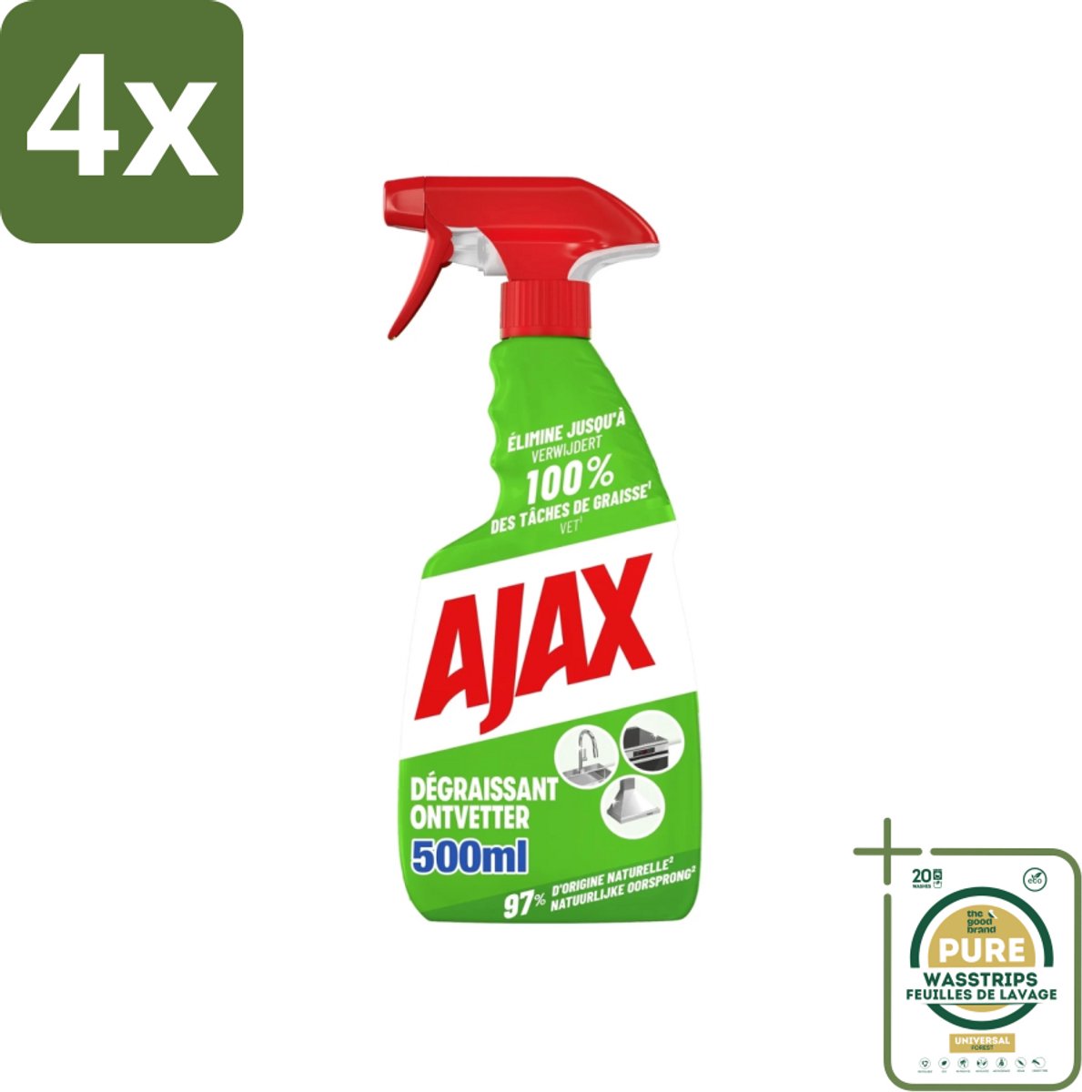 Ajax – Ontvetter Spray – 500 ml - Voordeelverpakking - 4 stuks - Vet verwijderen - Keukenreiniger