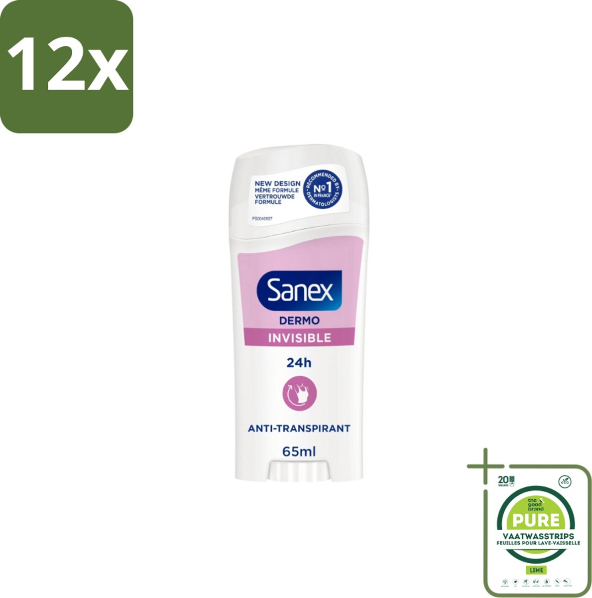Sanex – Deodorant Stick – Dermo Invisible – 65 ml - Voordeelverpakking - 12 stuks - Onzezichtbare deodorantstick - Deodorantstick