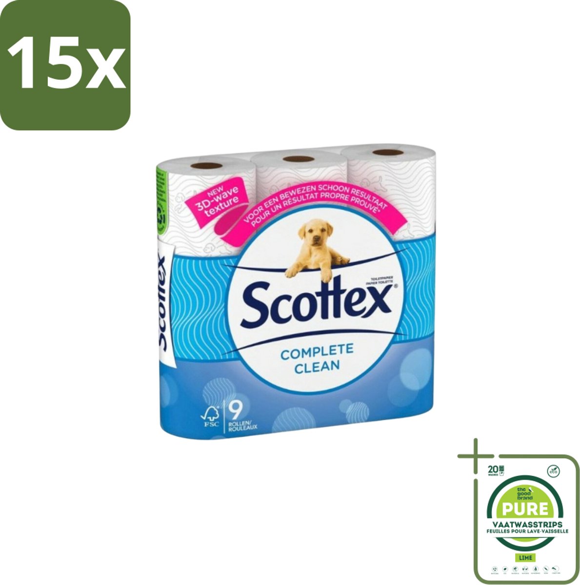 15 x Page Scottex – Toiletpapier – Complete Clean 2-laags – 9 rollen - Grootverpakking - Toiletpapier - Schone Reiniging - Zachte Lagen - 3D Wave™ - 2-laags