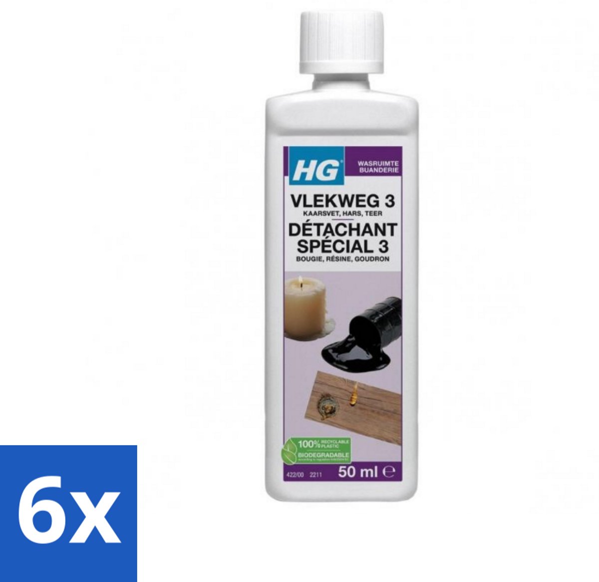 6 x HG - Wasruimte - Vlekweg 3 - Kaarsvet, Hars & Teer - 50 ml - Vlekkenverwijderaar - Kaarsvet Vlekken - Teer Vlekken - Hars Vlekken - Textiel Reiniging