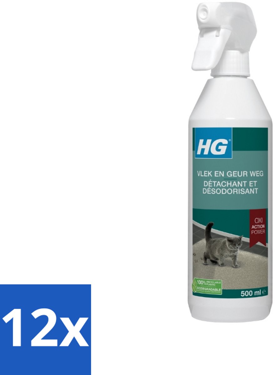 12 x HG - Vlek & Geur Weg - Tegen Kattengeuren- Oxi Action Power - 100% Biologisch - 500 ml - Kat Vlekken - Kat Geur - Vlekken Verwijderaar - Katten Urine - Tapijt Reiniging